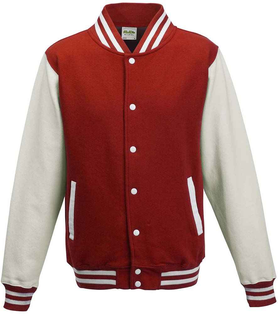 AWDis Varsity Jacket in Fire Red White by Just Hoods — Custom branded clothing by Print Press, featuring premium embroidery produced in our specialist print lab in the UK.