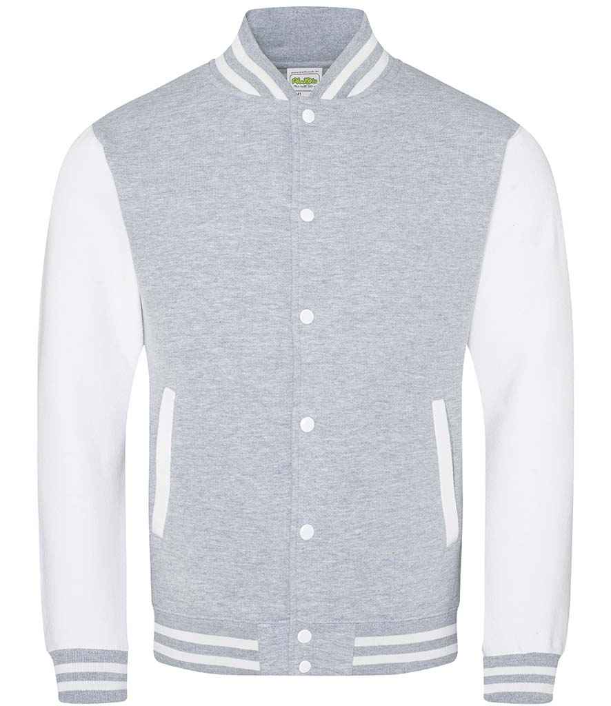 AWDis Varsity Jacket in Heather Grey White by Just Hoods — Custom branded clothing by Print Press, featuring premium embroidery produced in our specialist print lab in the UK.