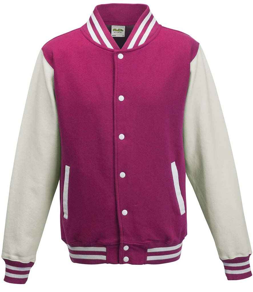 AWDis Varsity Jacket in Hot Pink White by Just Hoods — Custom branded clothing by Print Press, featuring premium embroidery produced in our specialist print lab in the UK.