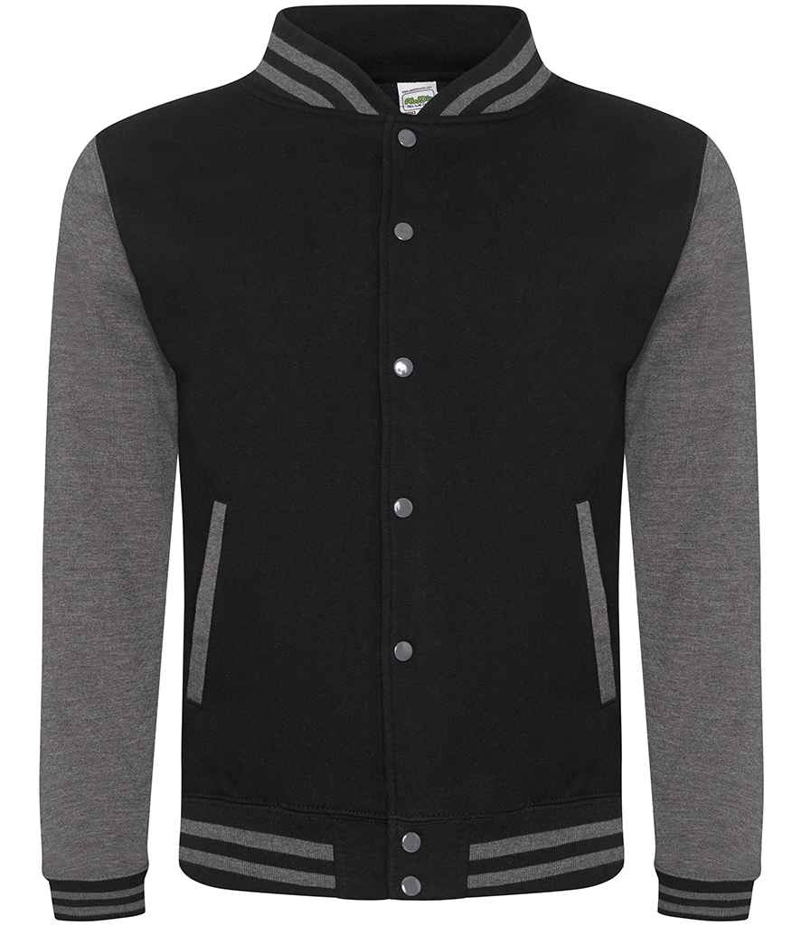 AWDis Varsity Jacket in Jet Black Charcoal by Just Hoods — Custom branded clothing by Print Press, featuring premium embroidery produced in our specialist print lab in the UK.