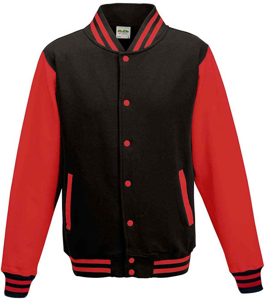 AWDis Varsity Jacket in Jet Black Fire Red by Just Hoods — Custom branded clothing by Print Press, featuring premium embroidery produced in our specialist print lab in the UK.