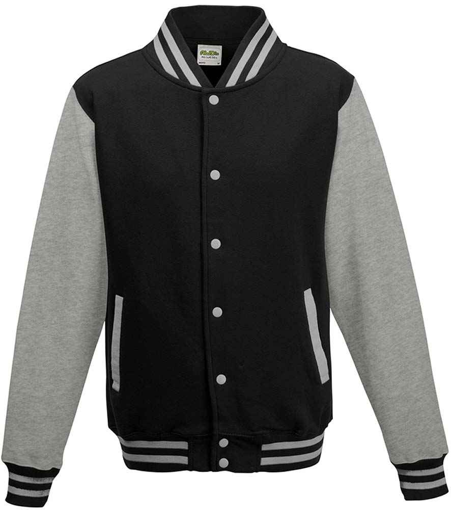AWDis Varsity Jacket in Jet Black Heather Grey by Just Hoods — Custom branded clothing by Print Press, featuring premium embroidery produced in our specialist print lab in the UK.