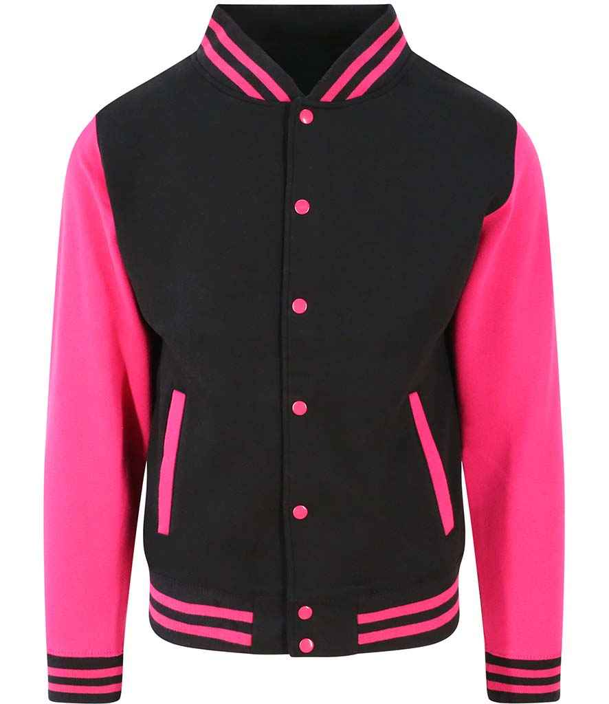 AWDis Varsity Jacket in Jet Black Hot Pink by Just Hoods — Custom branded clothing by Print Press, featuring premium embroidery produced in our specialist print lab in the UK.