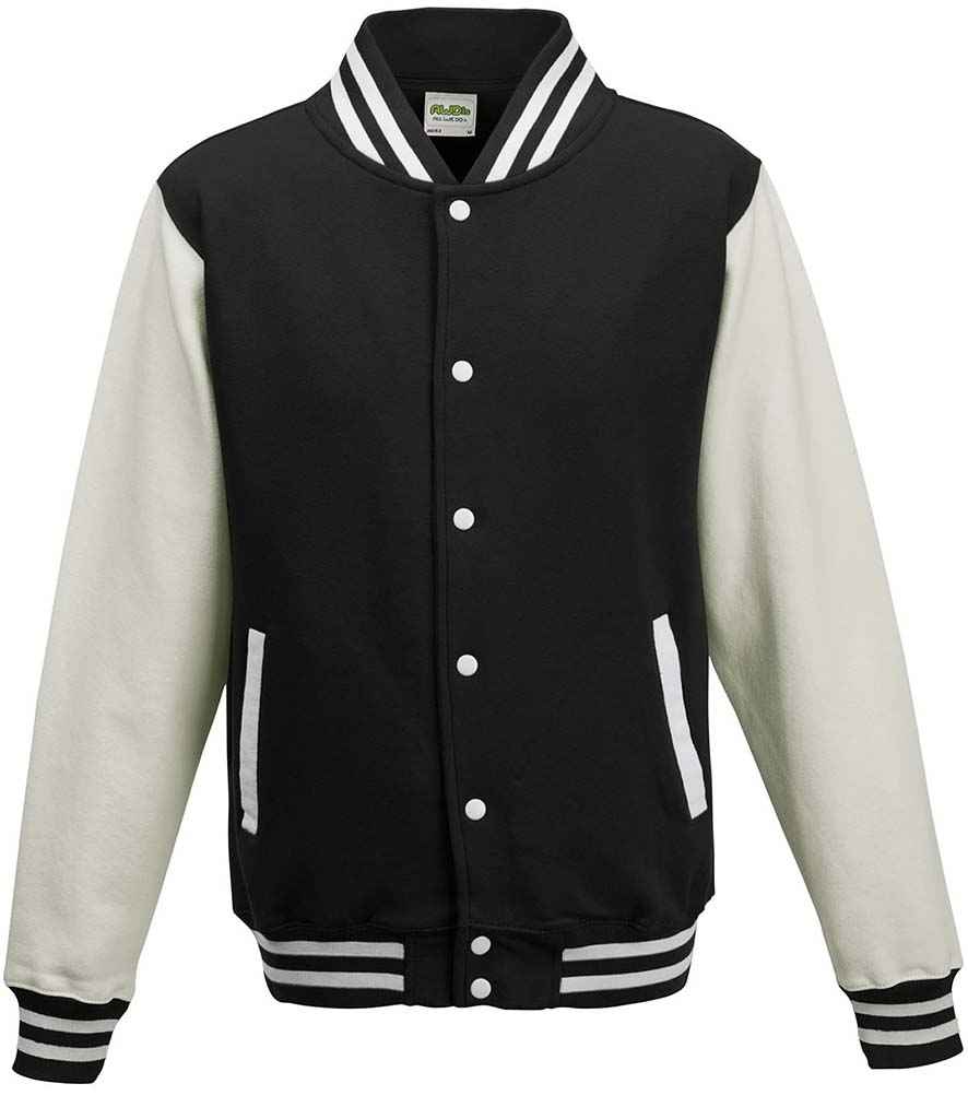AWDis Varsity Jacket in Jet Black White by Just Hoods — Custom branded clothing by Print Press, featuring premium embroidery produced in our specialist print lab in the UK.