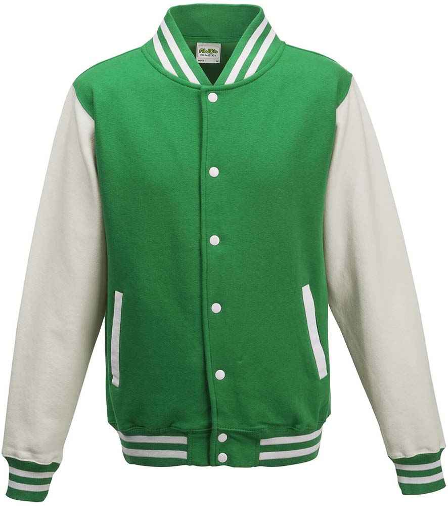 AWDis Varsity Jacket in Kelly Green White by Just Hoods — Custom branded clothing by Print Press, featuring premium embroidery produced in our specialist print lab in the UK.
