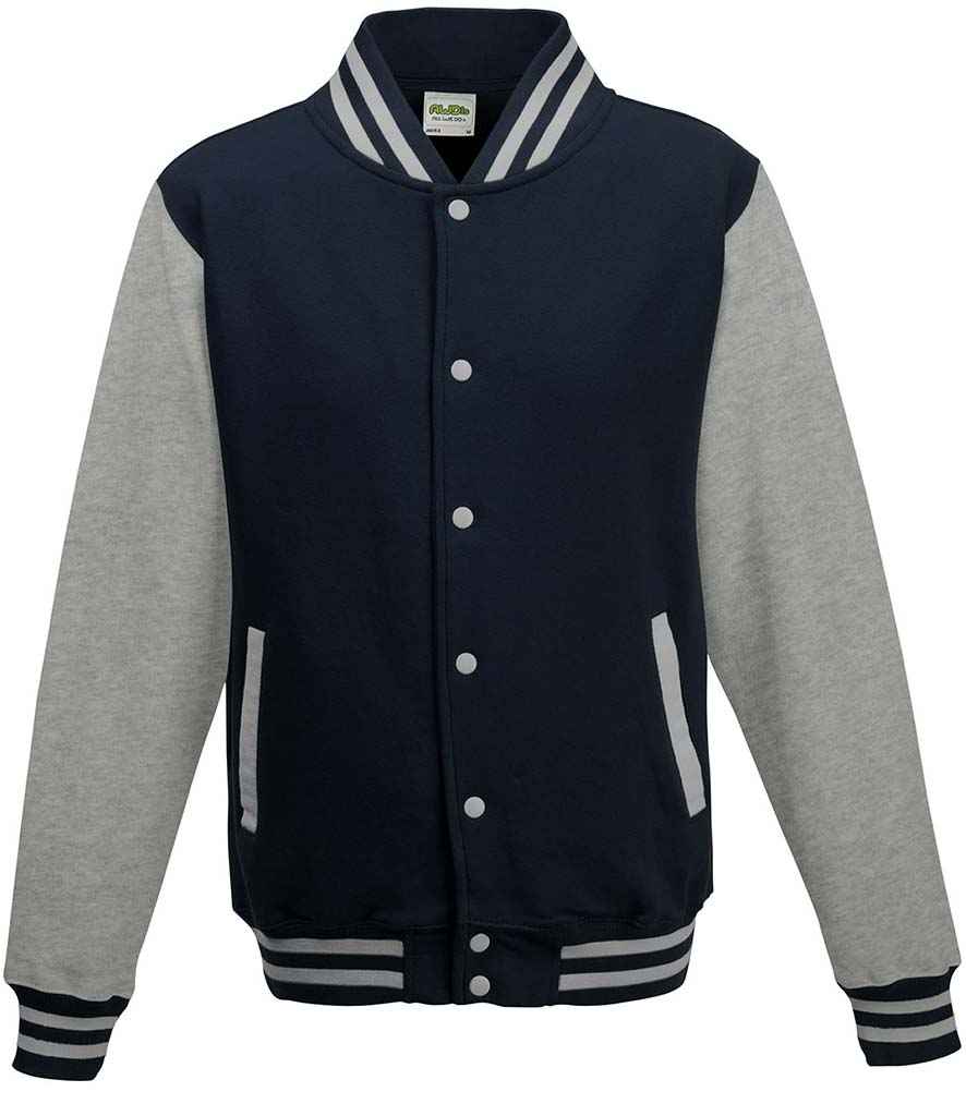 AWDis Varsity Jacket in Oxford Navy Heather Grey by Just Hoods — Custom branded clothing by Print Press, featuring premium embroidery produced in our specialist print lab in the UK.