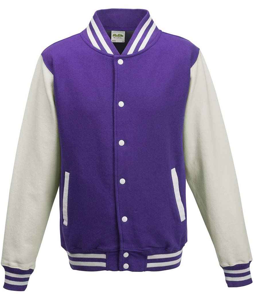 AWDis Varsity Jacket in Purple White by Just Hoods — Custom branded clothing by Print Press, featuring premium embroidery produced in our specialist print lab in the UK.