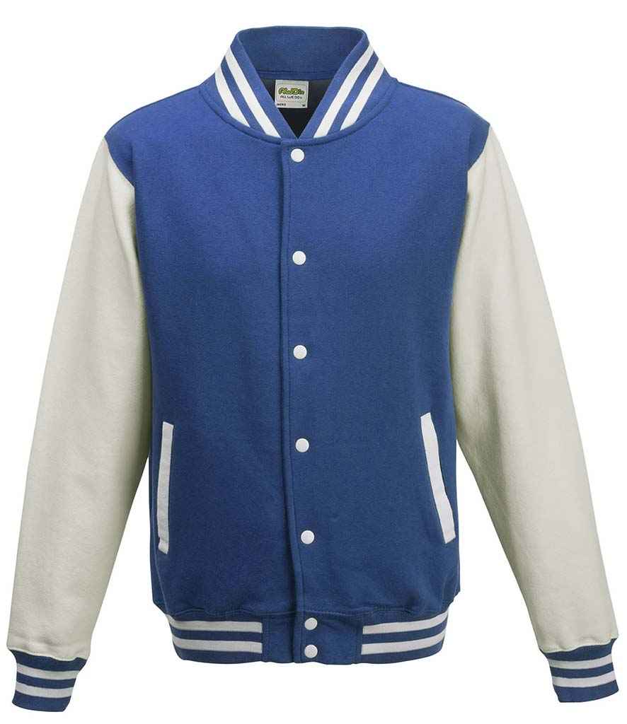 AWDis Varsity Jacket in Royal Blue White by Just Hoods — Custom branded clothing by Print Press, featuring premium embroidery produced in our specialist print lab in the UK.