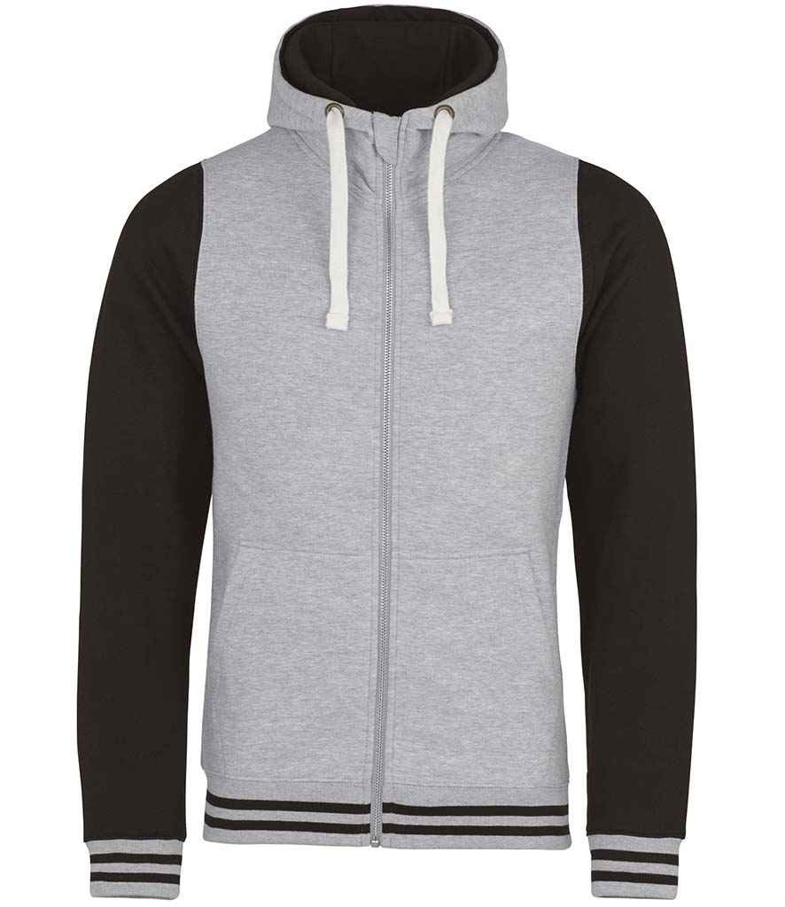 AWDis Urban Varsity Zoodie in Heather Grey Jet Black by Just Hoods — Custom branded clothing by Print Press, featuring premium embroidery produced in our specialist print lab in the UK.