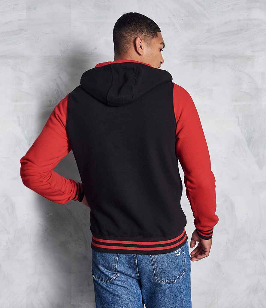 AWDis Urban Varsity Zoodie in Jet Black Fire Red by Just Hoods — Custom branded clothing by Print Press, featuring premium embroidery produced in our specialist print lab in the UK.