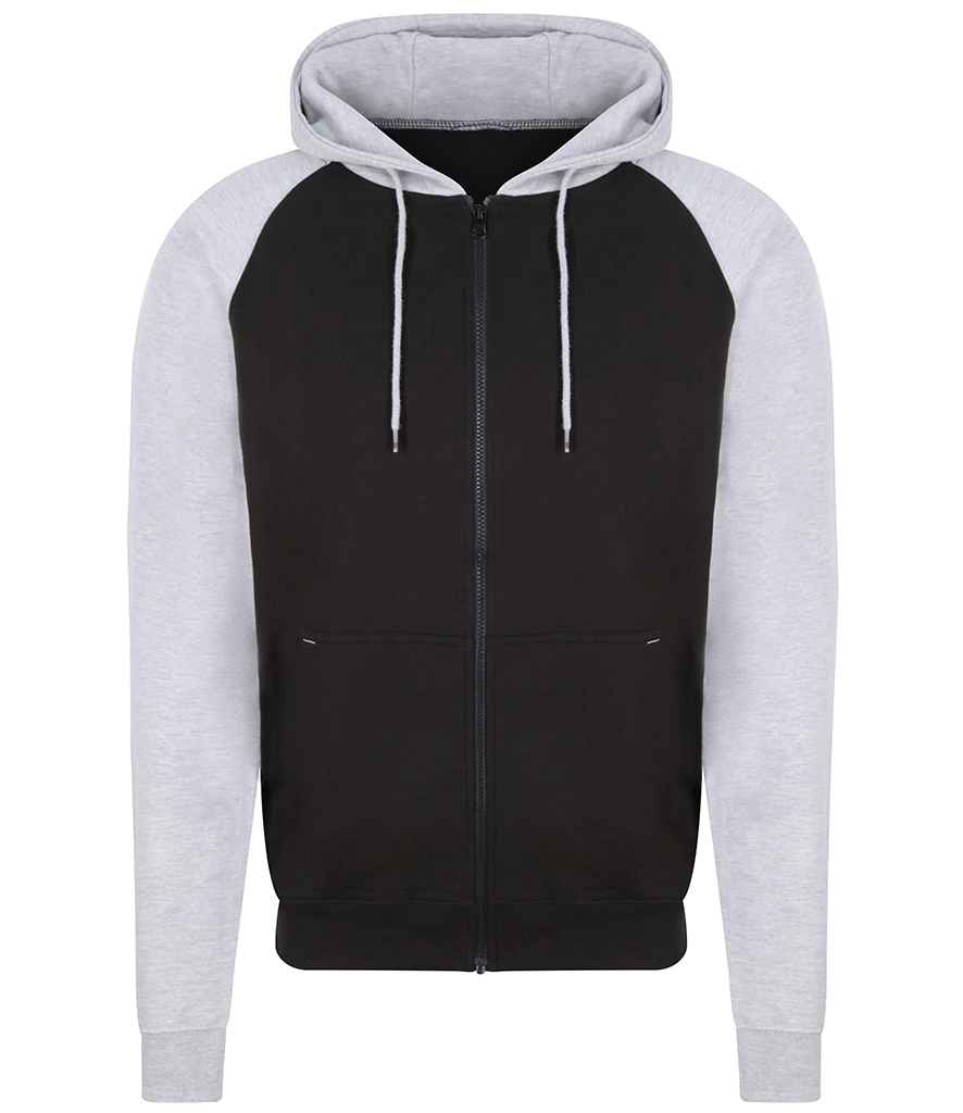 AWDis Baseball Zoodie in Jet Black Heather Grey by Just Hoods — Custom branded clothing by Print Press, featuring premium embroidery produced in our specialist print lab in the UK.