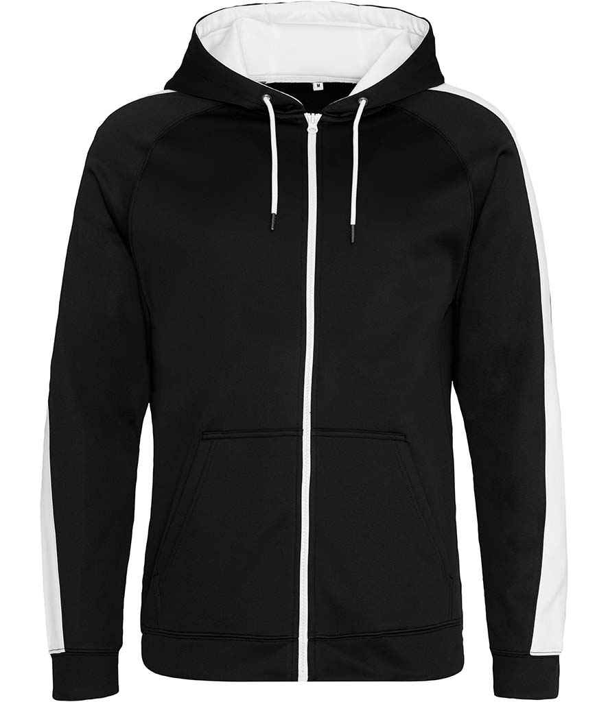 AWDis Contrast Sports Polyester Zoodie in Jet Black Arctic White by Just Hoods — Custom branded clothing by Print Press, featuring premium embroidery produced in our specialist print lab in the UK.