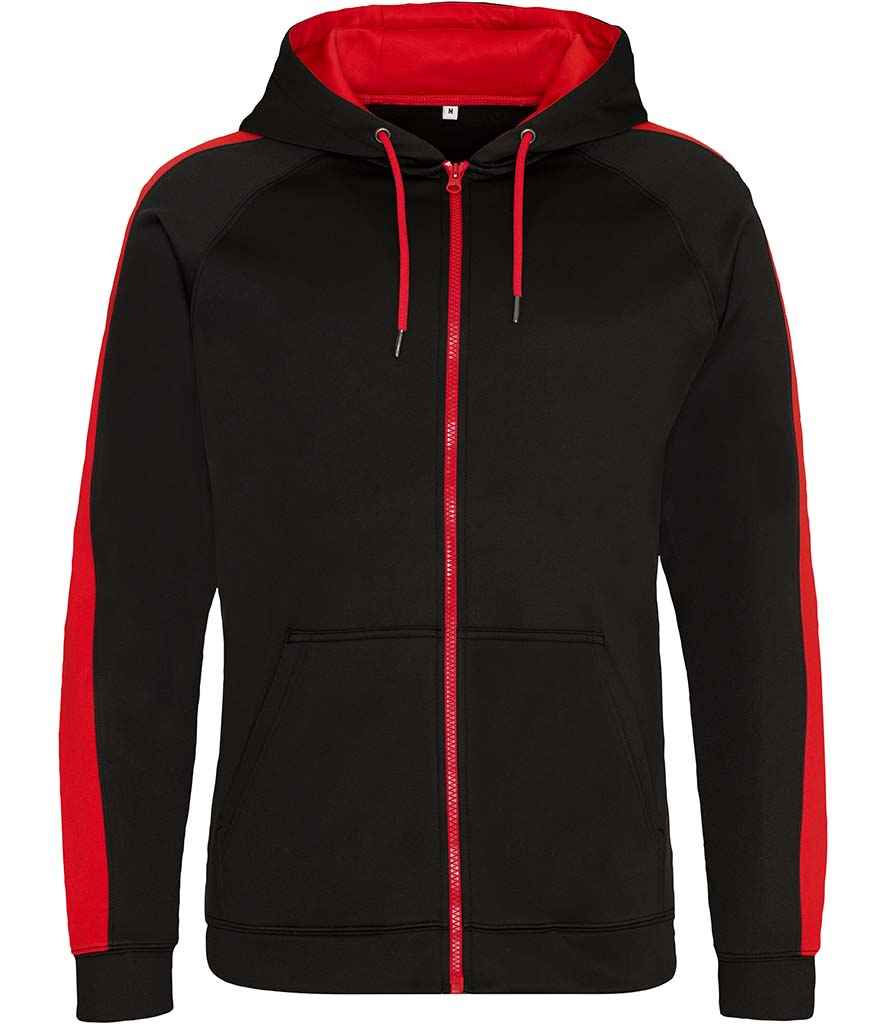 AWDis Contrast Sports Polyester Zoodie in Jet Black Fire Red by Just Hoods — Custom branded clothing by Print Press, featuring premium embroidery produced in our specialist print lab in the UK.