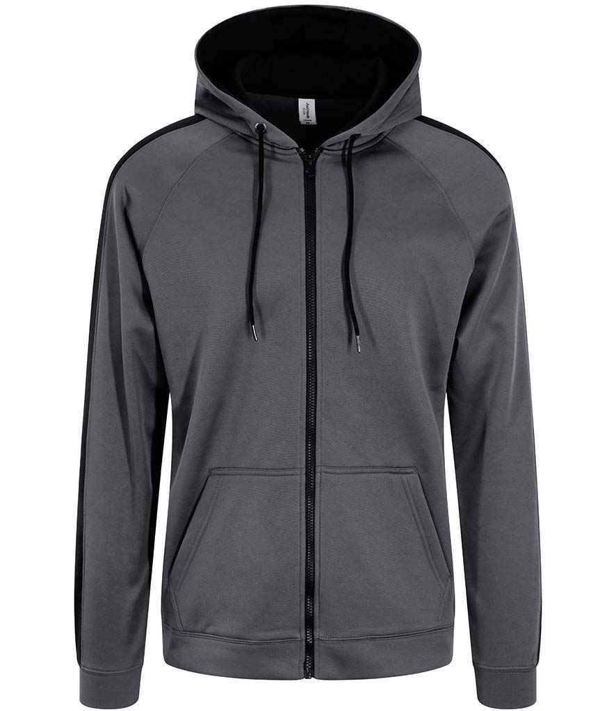 AWDis Contrast Sports Polyester Zoodie in Steel Grey Jet Black by Just Hoods — Custom branded clothing by Print Press, featuring premium embroidery produced in our specialist print lab in the UK.