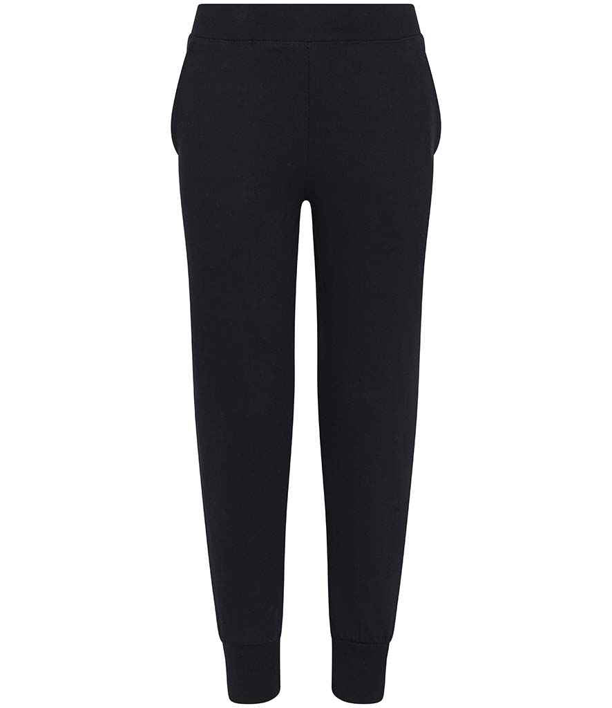 AWDis Kids Tapered Track Pants in Jet Black by Just Hoods — Custom branded clothing by Print Press, featuring premium embroidery produced in our specialist print lab in the UK.