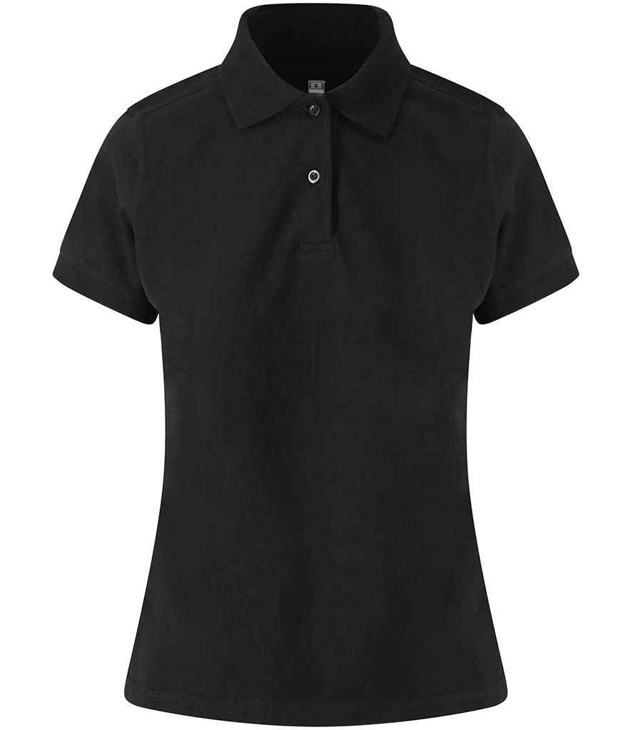 AWDis Ladies Stretch Pique Polo Shirt in Black by Just Polos — Custom branded clothing by Print Press, featuring premium embroidery produced in our specialist print lab in the UK.