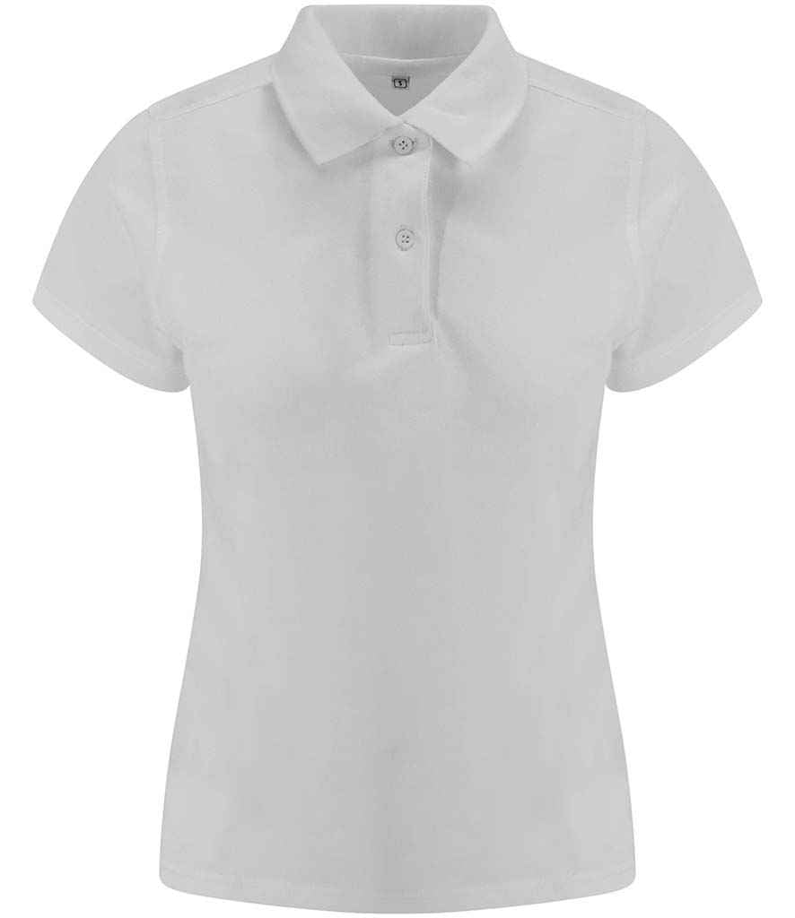 AWDis Ladies Stretch Pique Polo Shirt in White by Just Polos — Custom branded clothing by Print Press, featuring premium embroidery produced in our specialist print lab in the UK.