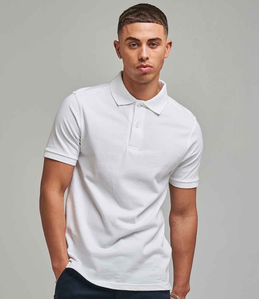 AWDis Stretch Pique Polo Shirt in White by Just Polos — Custom branded clothing by Print Press, featuring premium embroidery produced in our specialist print lab in the UK.
