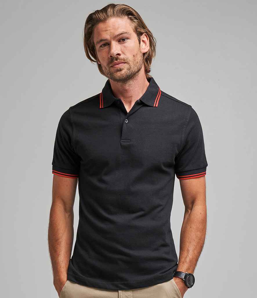 AWDis Stretch Tipped Pique Polo Shirt in Black Red by Just Polos — Custom branded clothing by Print Press, featuring premium embroidery produced in our specialist print lab in the UK.