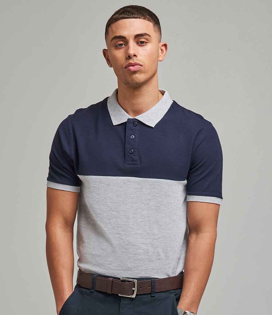 AWDis Colour Block Pique Polo Shirt in Heather Grey Oxford Navy by Just Polos — Custom branded clothing by Print Press, featuring premium embroidery produced in our specialist print lab in the UK.