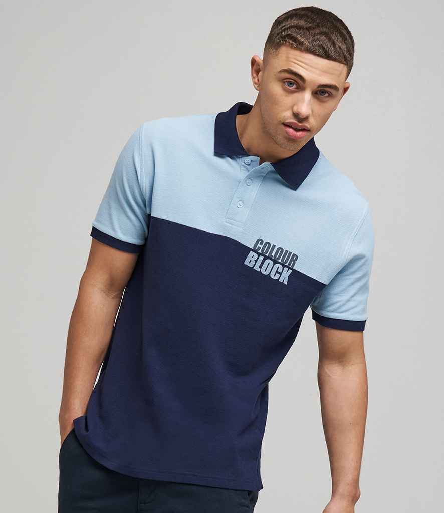 AWDis Colour Block Pique Polo Shirt in Oxford Navy Sky Blue by Just Polos — Custom branded clothing by Print Press, featuring premium embroidery produced in our specialist print lab in the UK.