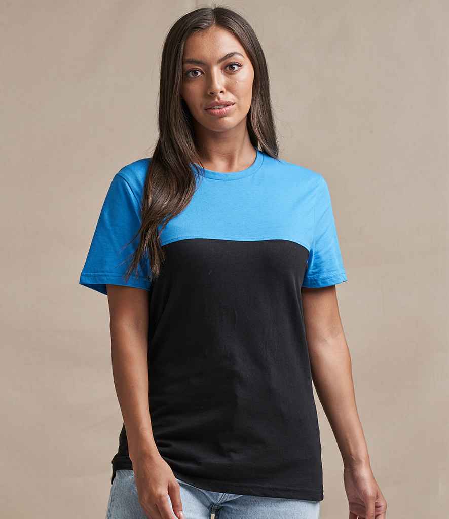 AWDis Unisex Colour Block T-Shirt in Black Azure by Just Ts — Custom branded clothing by Print Press, featuring premium embroidery produced in our specialist print lab in the UK.