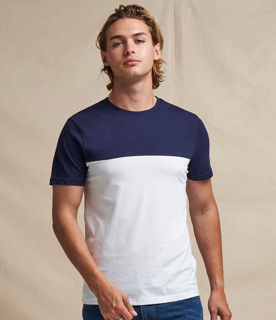 AWDis Unisex Colour Block T-Shirt in White Oxford Navy by Just Ts — Custom branded clothing by Print Press, featuring premium embroidery produced in our specialist print lab in the UK.