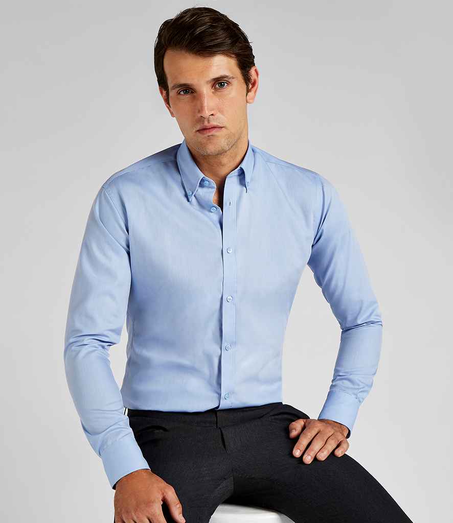Kustom Kit Long Sleeve Slim Fit Oxford Twill Non-Iron Shirt in Light Blue by Kustom Kit — Custom branded clothing by Print Press, featuring premium embroidery produced in our specialist print lab in the UK.
