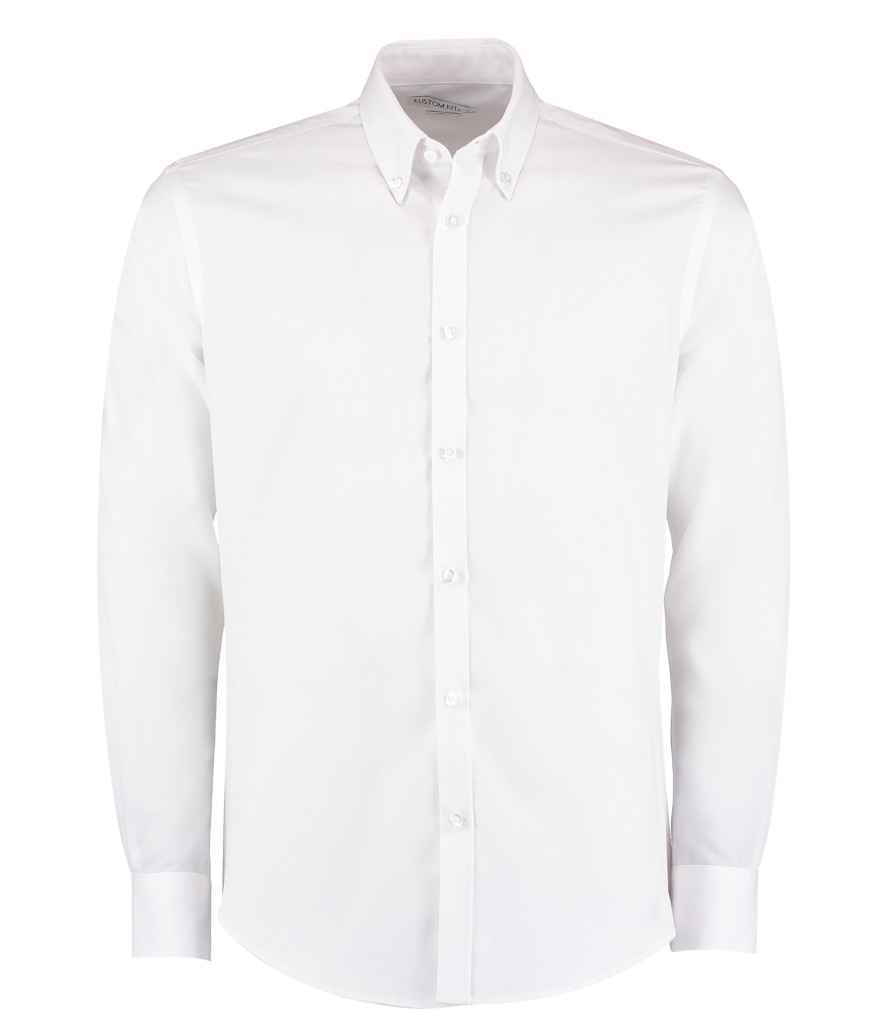 Kustom Kit Long Sleeve Slim Fit Oxford Twill Non-Iron Shirt in White by Kustom Kit — Custom branded clothing by Print Press, featuring premium embroidery produced in our specialist print lab in the UK.