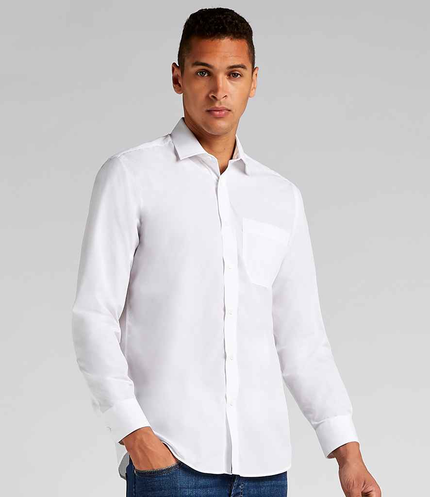 Kustom Kit Long Sleeve Tailored Poplin Shirt in White by Kustom Kit — Custom branded clothing by Print Press, featuring premium embroidery produced in our specialist print lab in the UK.