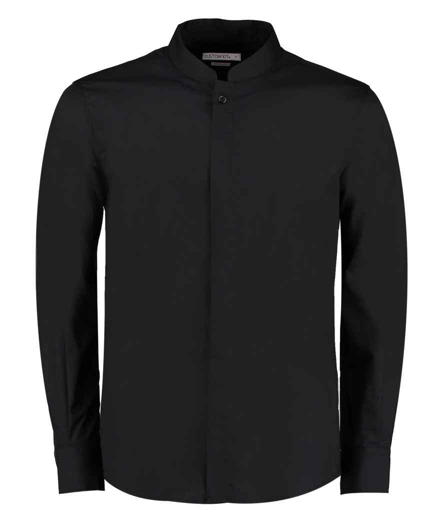 Kustom Kit Long Sleeve Tailored Mandarin Collar Shirt in Black by Kustom Kit — Custom branded clothing by Print Press, featuring premium embroidery produced in our specialist print lab in the UK.