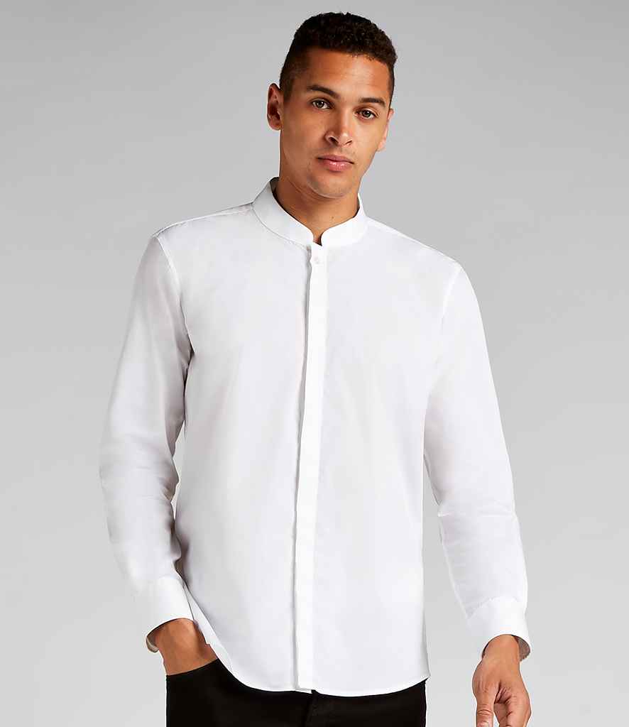 Kustom Kit Long Sleeve Tailored Mandarin Collar Shirt in White by Kustom Kit — Custom branded clothing by Print Press, featuring premium embroidery produced in our specialist print lab in the UK.