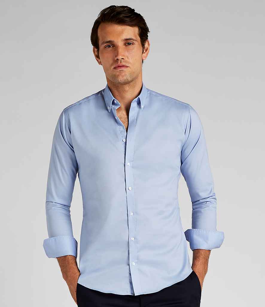 Kustom Kit Slim Fit Stretch Long Sleeve Oxford Shirt in Light Blue by Kustom Kit — Custom branded clothing by Print Press, featuring premium embroidery produced in our specialist print lab in the UK.