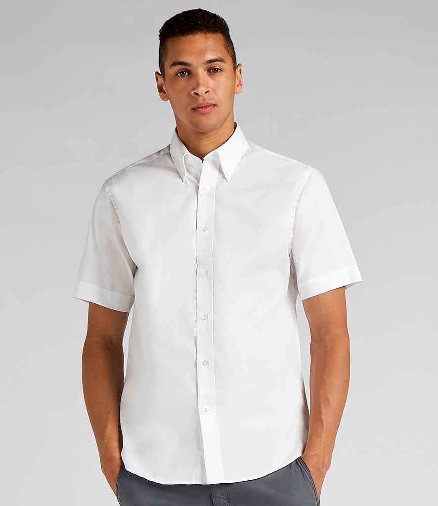 Kustom Kit Premium Short Sleeve Tailored Oxford Shirt in White by Kustom Kit — Custom branded clothing by Print Press, featuring premium embroidery produced in our specialist print lab in the UK.