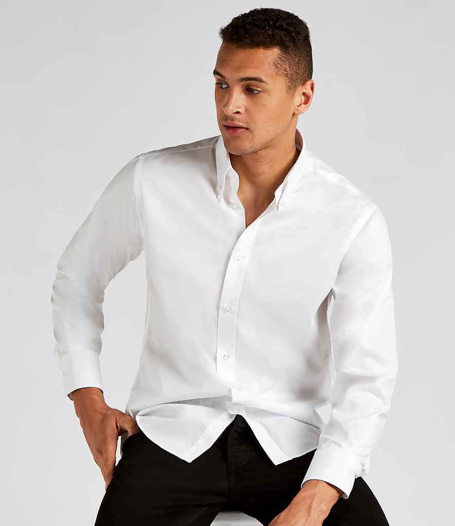 Kustom Kit Premium Long Sleeve Tailored Oxford Shirt in White by Kustom Kit — Custom branded clothing by Print Press, featuring premium embroidery produced in our specialist print lab in the UK.