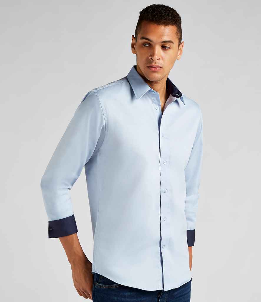 Kustom Kit Premium Contrast Long Sleeve Tailored Oxford Shirt in Light Blue Navy by Kustom Kit — Custom branded clothing by Print Press, featuring premium embroidery produced in our specialist print lab in the UK.