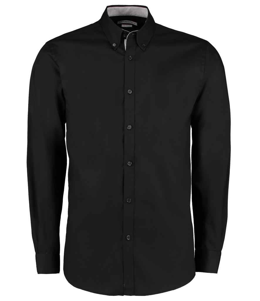 Kustom Kit Premium Long Sleeve Contrast Tailored Oxford Shirt in Black Silver by Kustom Kit — Custom branded clothing by Print Press, featuring premium embroidery produced in our specialist print lab in the UK.