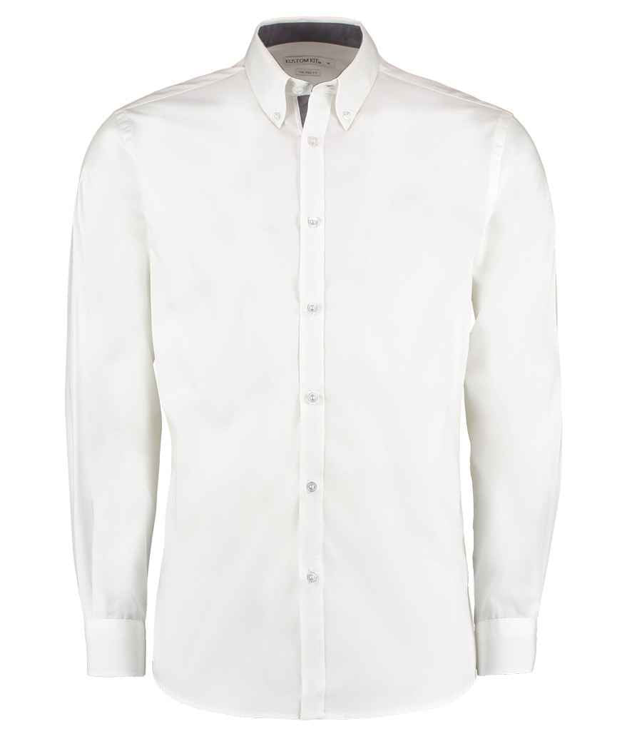 Kustom Kit Premium Long Sleeve Contrast Tailored Oxford Shirt in White Charcoal by Kustom Kit — Custom branded clothing by Print Press, featuring premium embroidery produced in our specialist print lab in the UK.