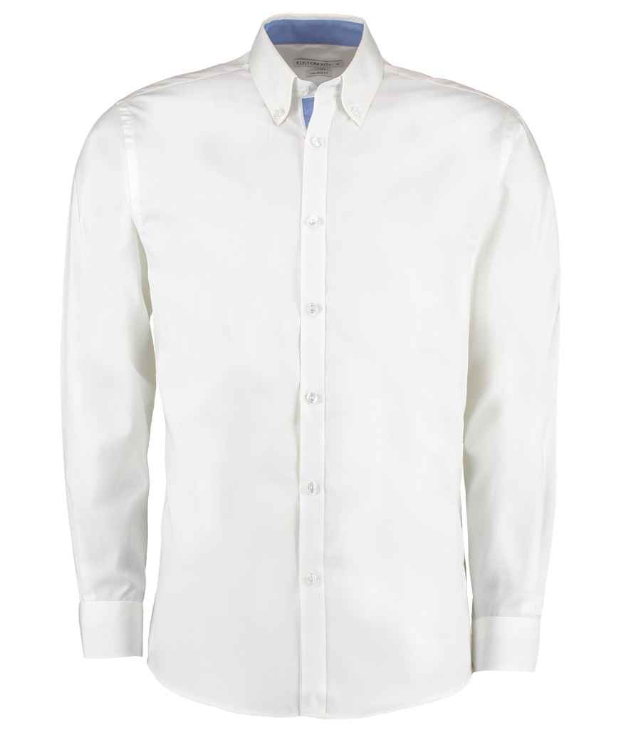 Kustom Kit Premium Long Sleeve Contrast Tailored Oxford Shirt in White Mid Blue by Kustom Kit — Custom branded clothing by Print Press, featuring premium embroidery produced in our specialist print lab in the UK.