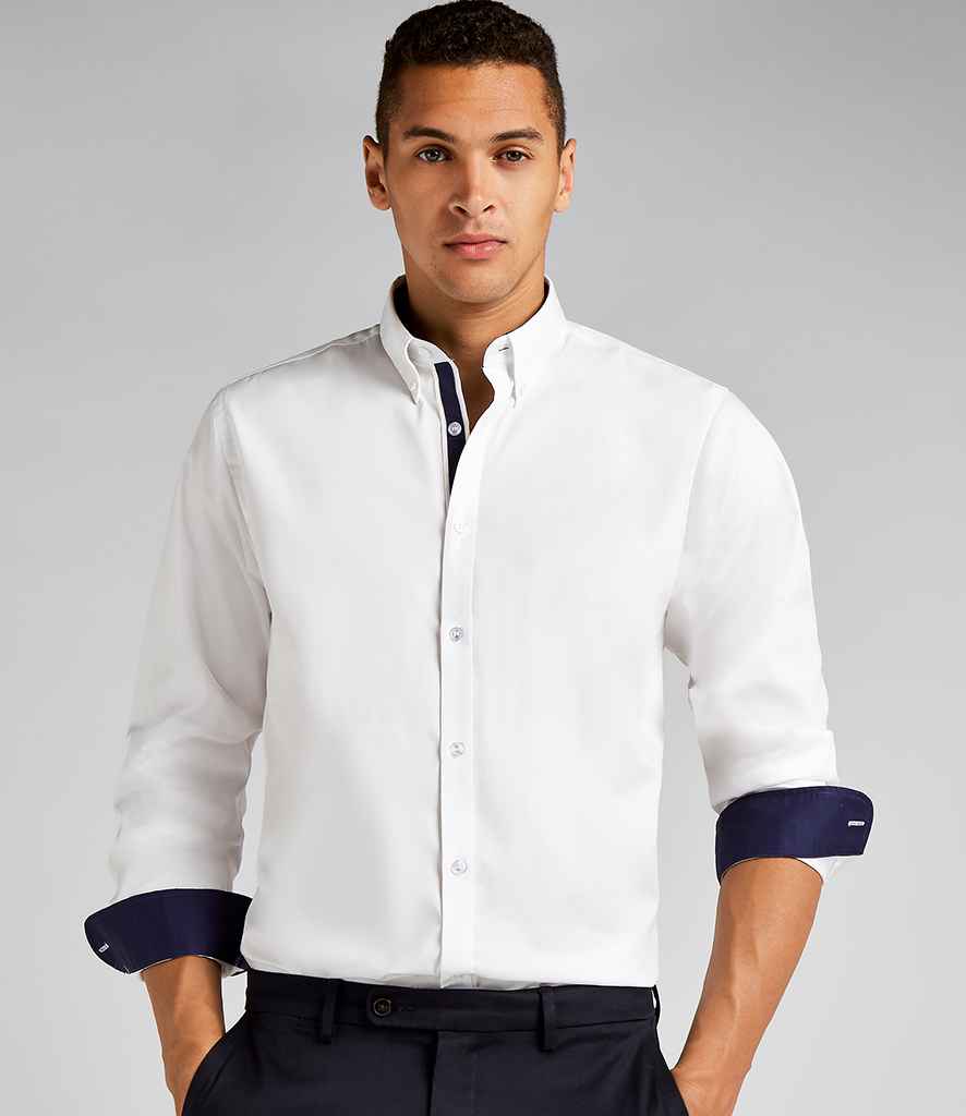 Kustom Kit Premium Long Sleeve Contrast Tailored Oxford Shirt in White Navy by Kustom Kit — Custom branded clothing by Print Press, featuring premium embroidery produced in our specialist print lab in the UK.