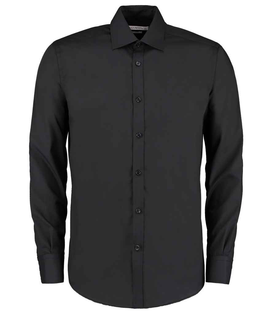 Kustom Kit Long Sleeve Slim Fit Business Shirt in Black by Kustom Kit — Custom branded clothing by Print Press, featuring premium embroidery produced in our specialist print lab in the UK.