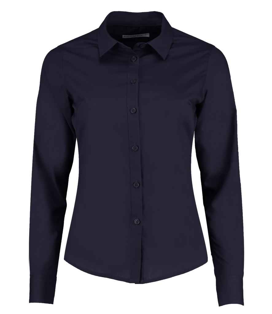 Kustom Kit Ladies Long Sleeve Tailored Poplin Shirt in Dark Navy by Kustom Kit — Custom branded clothing by Print Press, featuring premium embroidery produced in our specialist print lab in the UK.