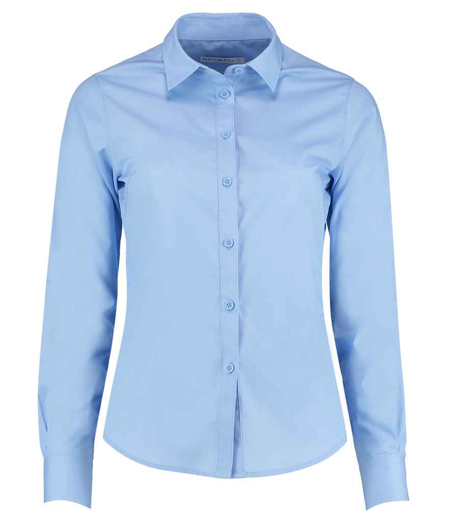 Kustom Kit Ladies Long Sleeve Tailored Poplin Shirt in Light Blue by Kustom Kit — Custom branded clothing by Print Press, featuring premium embroidery produced in our specialist print lab in the UK.