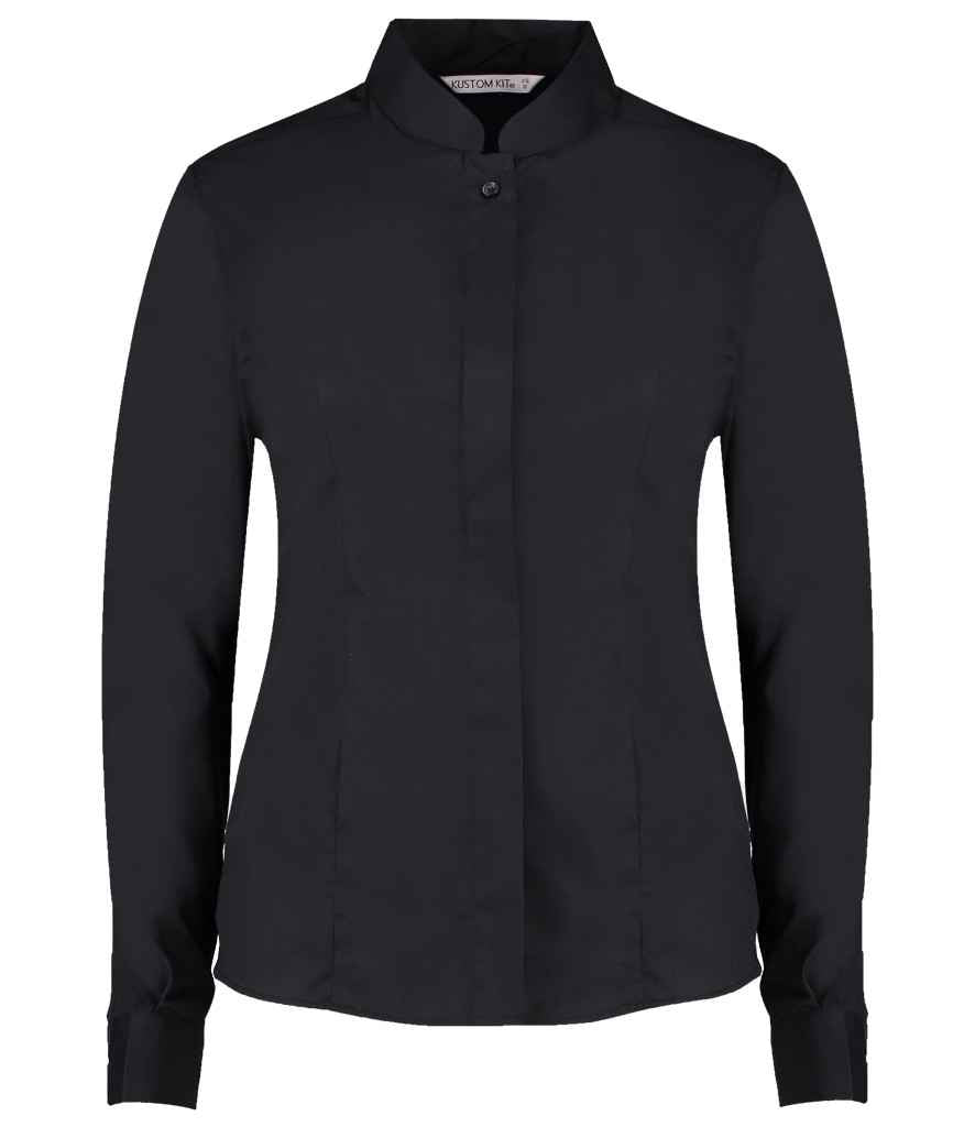 Kustom Kit Ladies Long Sleeve Tailored Mandarin Collar Shirt in Black by Kustom Kit — Custom branded clothing by Print Press, featuring premium embroidery produced in our specialist print lab in the UK.