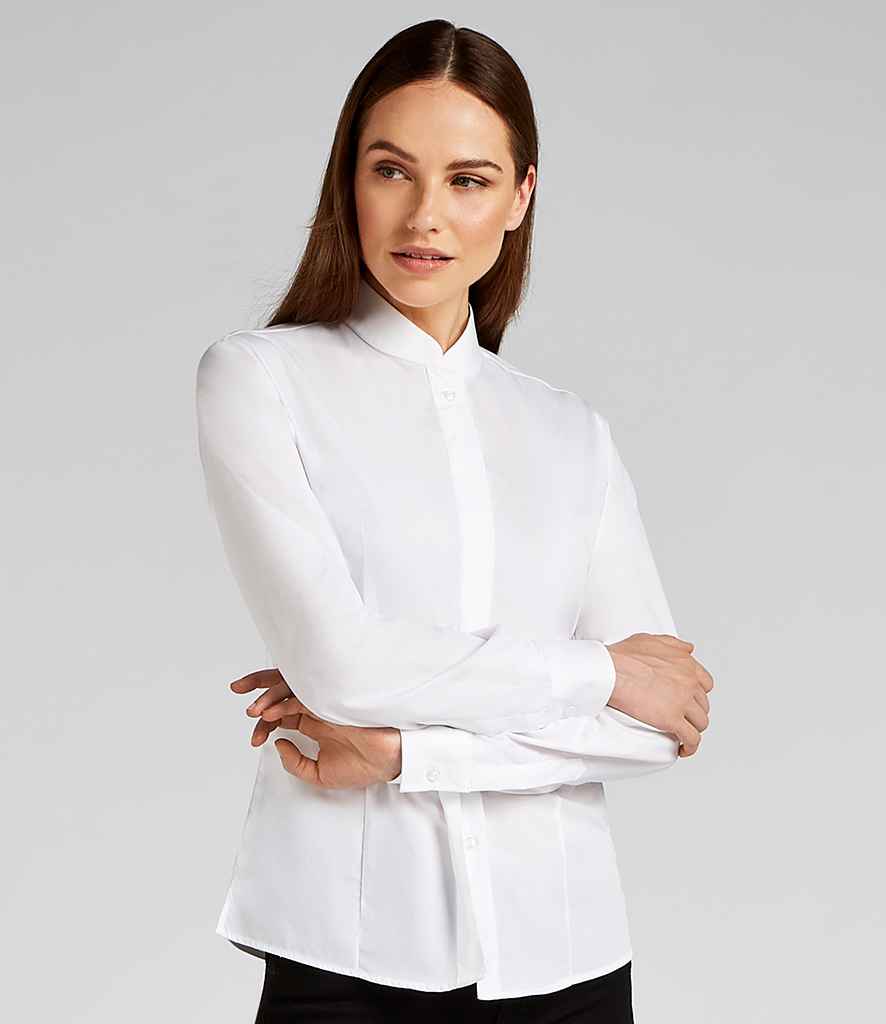 Kustom Kit Ladies Long Sleeve Tailored Mandarin Collar Shirt in White by Kustom Kit — Custom branded clothing by Print Press, featuring premium embroidery produced in our specialist print lab in the UK.