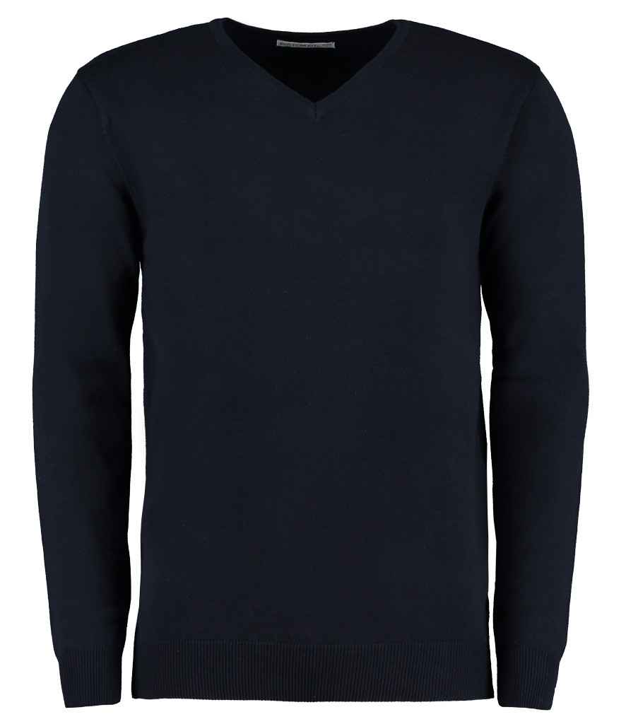 Kustom Kit Arundel Cotton Acrylic V Neck Sweater in Navy by Kustom Kit — Custom branded clothing by Print Press, featuring premium embroidery produced in our specialist print lab in the UK.