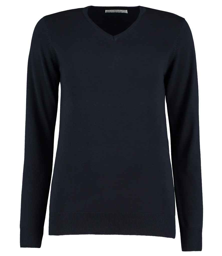 Kustom Kit Ladies Arundel Cotton Acrylic V Neck Sweater in Navy by Kustom Kit — Custom branded clothing by Print Press, featuring premium embroidery produced in our specialist print lab in the UK.