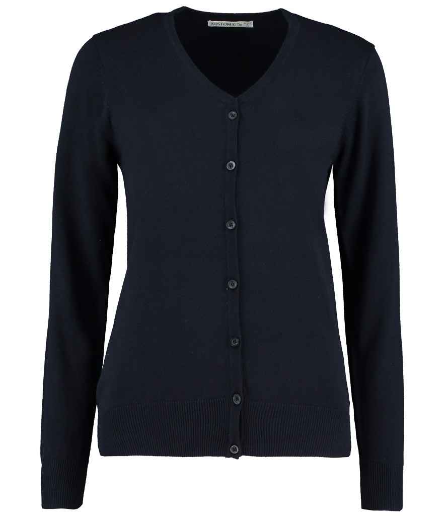 Kustom Kit Ladies Arundel Cotton Acrylic V Neck Cardigan in Navy by Kustom Kit — Custom branded clothing by Print Press, featuring premium embroidery produced in our specialist print lab in the UK.
