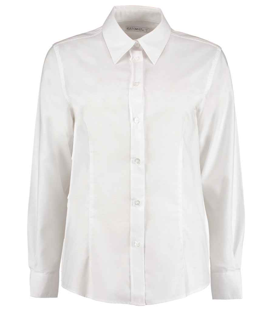 Kustom Kit Ladies Long Sleeve Tailored Workwear Oxford Shirt in White by Kustom Kit — Custom branded clothing by Print Press, featuring premium embroidery produced in our specialist print lab in the UK.