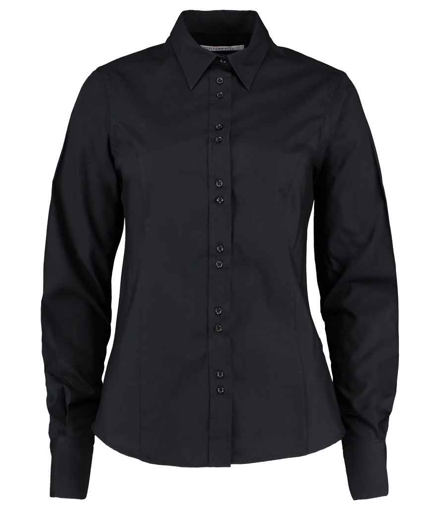 Kustom Kit Ladies Long Sleeve Tailored City Business Shirt in Black by Kustom Kit — Custom branded clothing by Print Press, featuring premium embroidery produced in our specialist print lab in the UK.